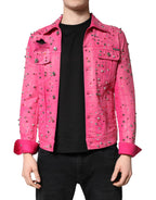 Pink Crystal Embellished Cotton Denim Jacket