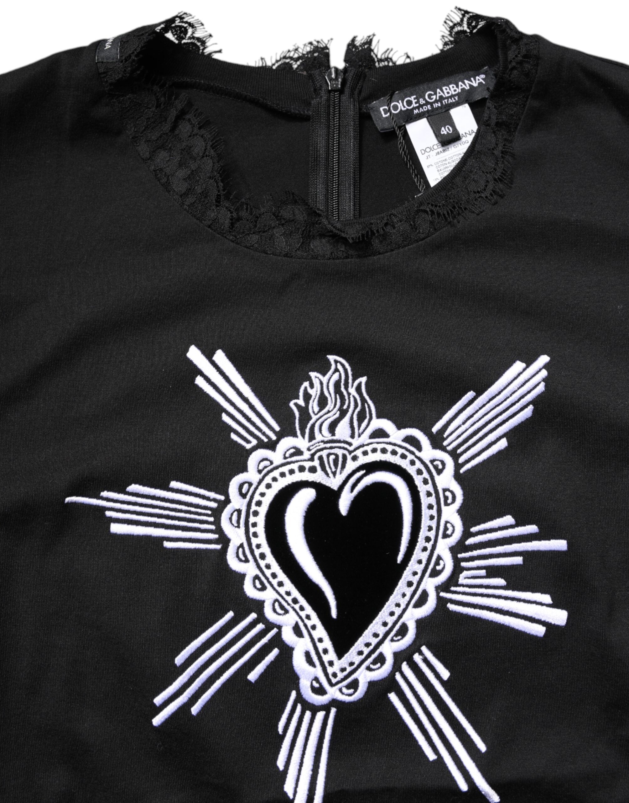 Black Lace Sheer Sacred Heart Crew Neck Top