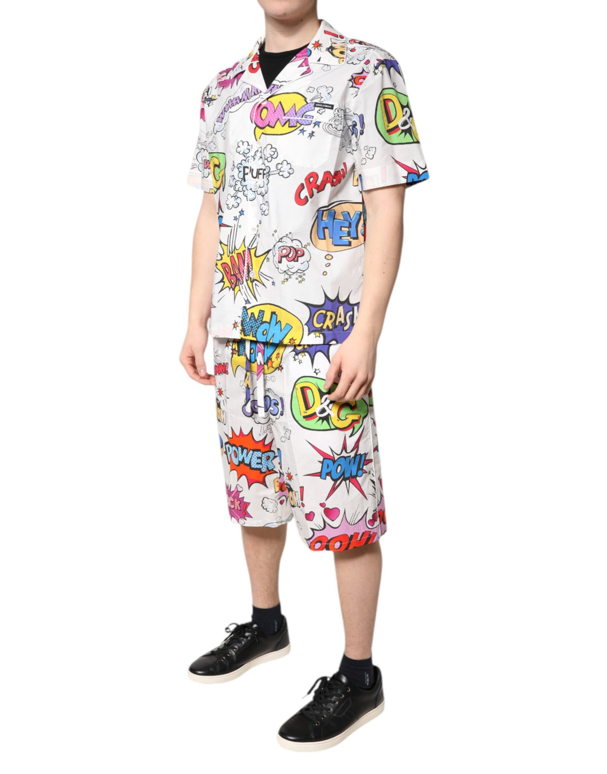 White Cartoon Print Cotton Men Pajama Set Sleepwear