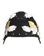 Black Wool White Floral Gold Leaf Cloche Hat
