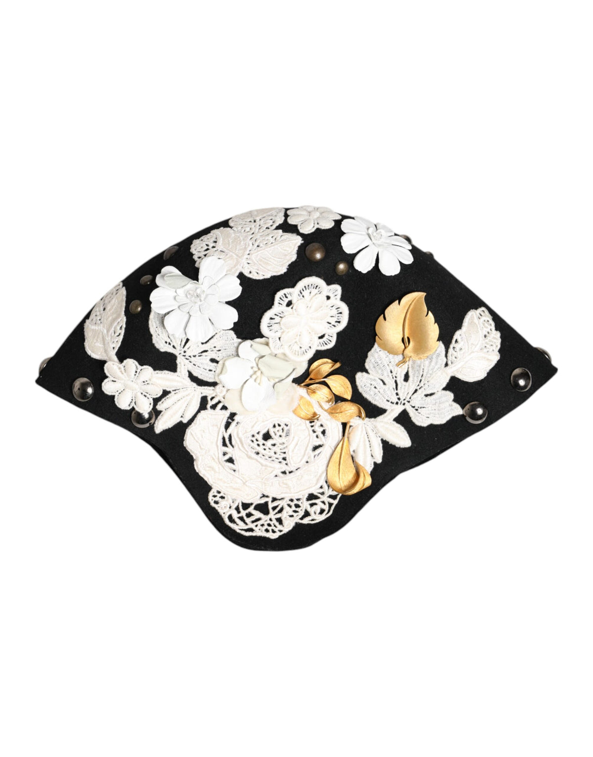 Black Wool White Floral Gold Leaf Cloche Hat