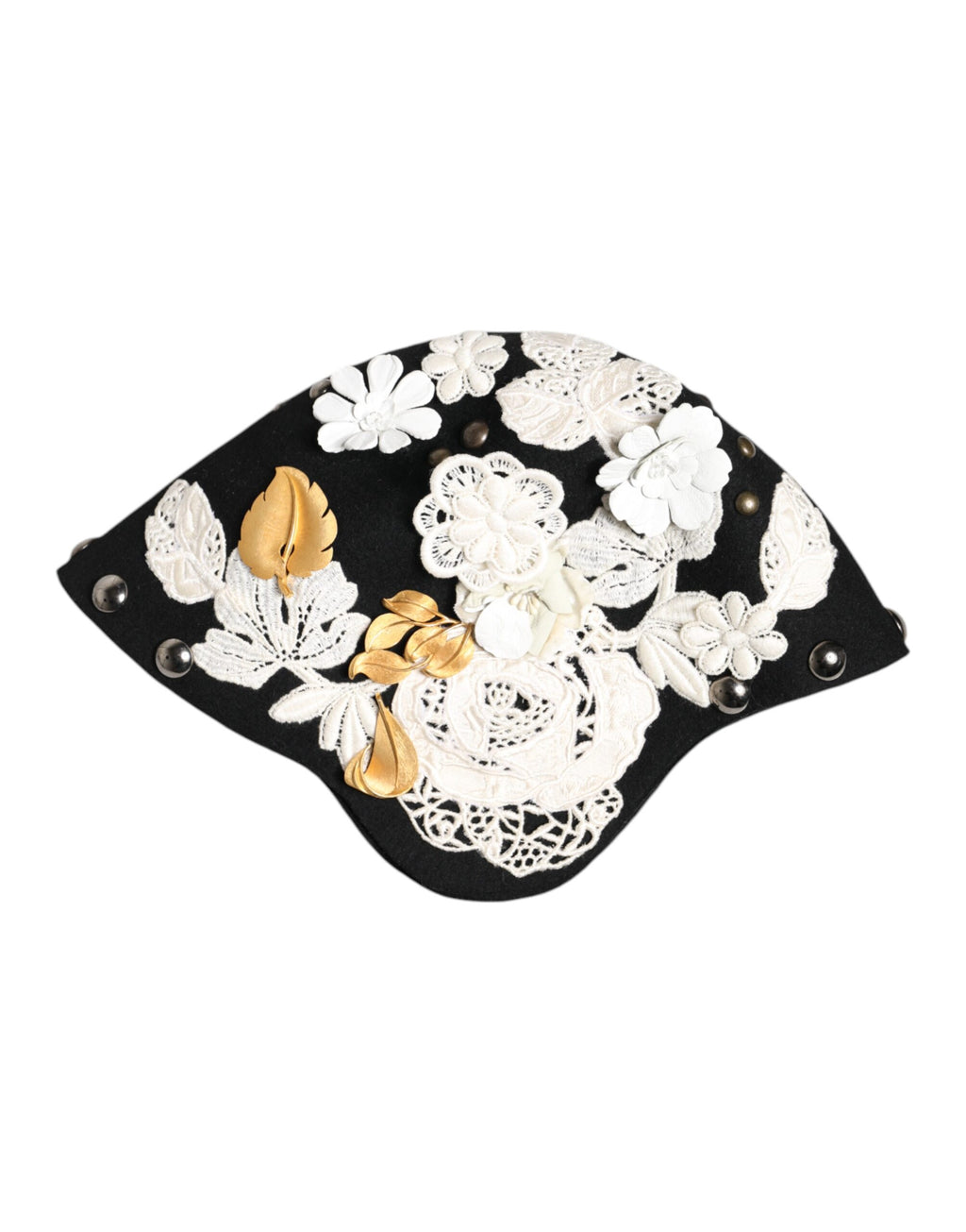 Black Wool White Floral Gold Leaf Cloche Hat