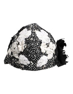 Black Wool White Floral Embellished Cloche Hat