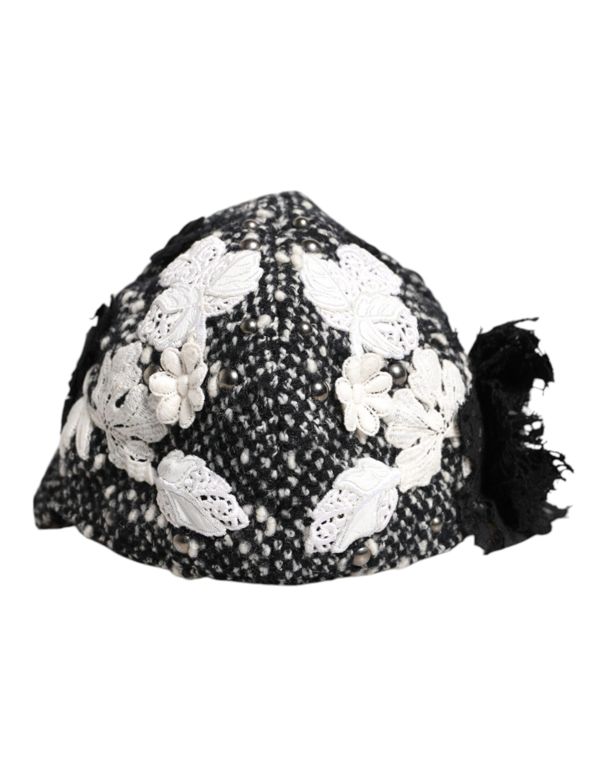 Black Wool White Floral Embellished Cloche Hat