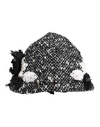 Black Wool White Floral Embellished Cloche Hat
