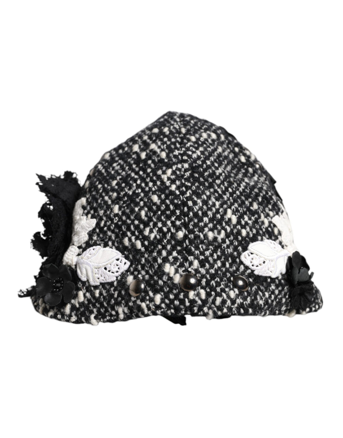 Black Wool White Floral Embellished Cloche Hat