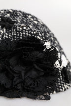 Black Wool White Floral Embellished Cloche Hat