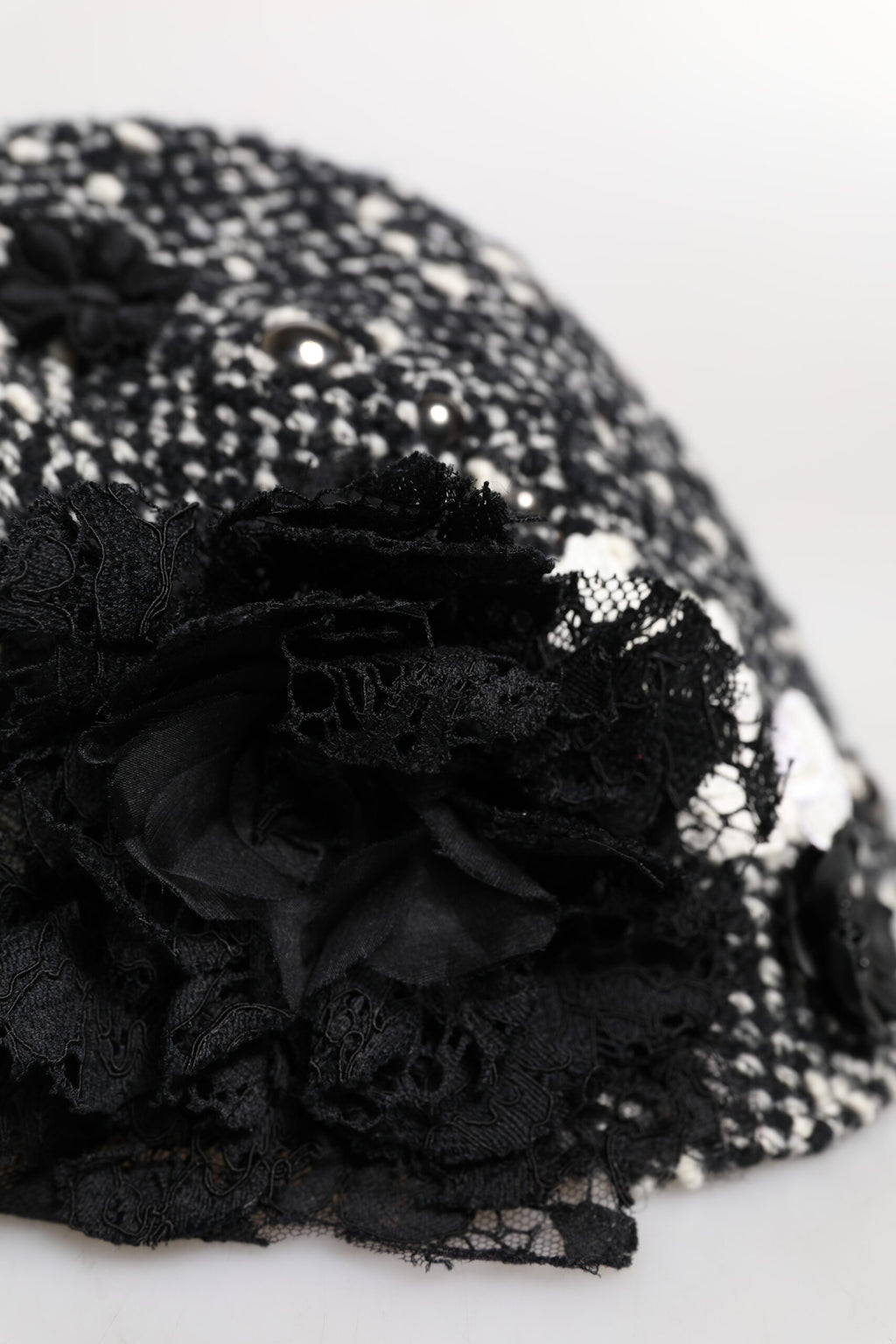 Black Wool White Floral Embellished Cloche Hat