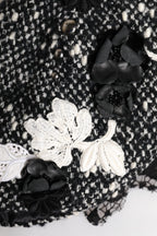 Black Wool White Floral Embellished Cloche Hat