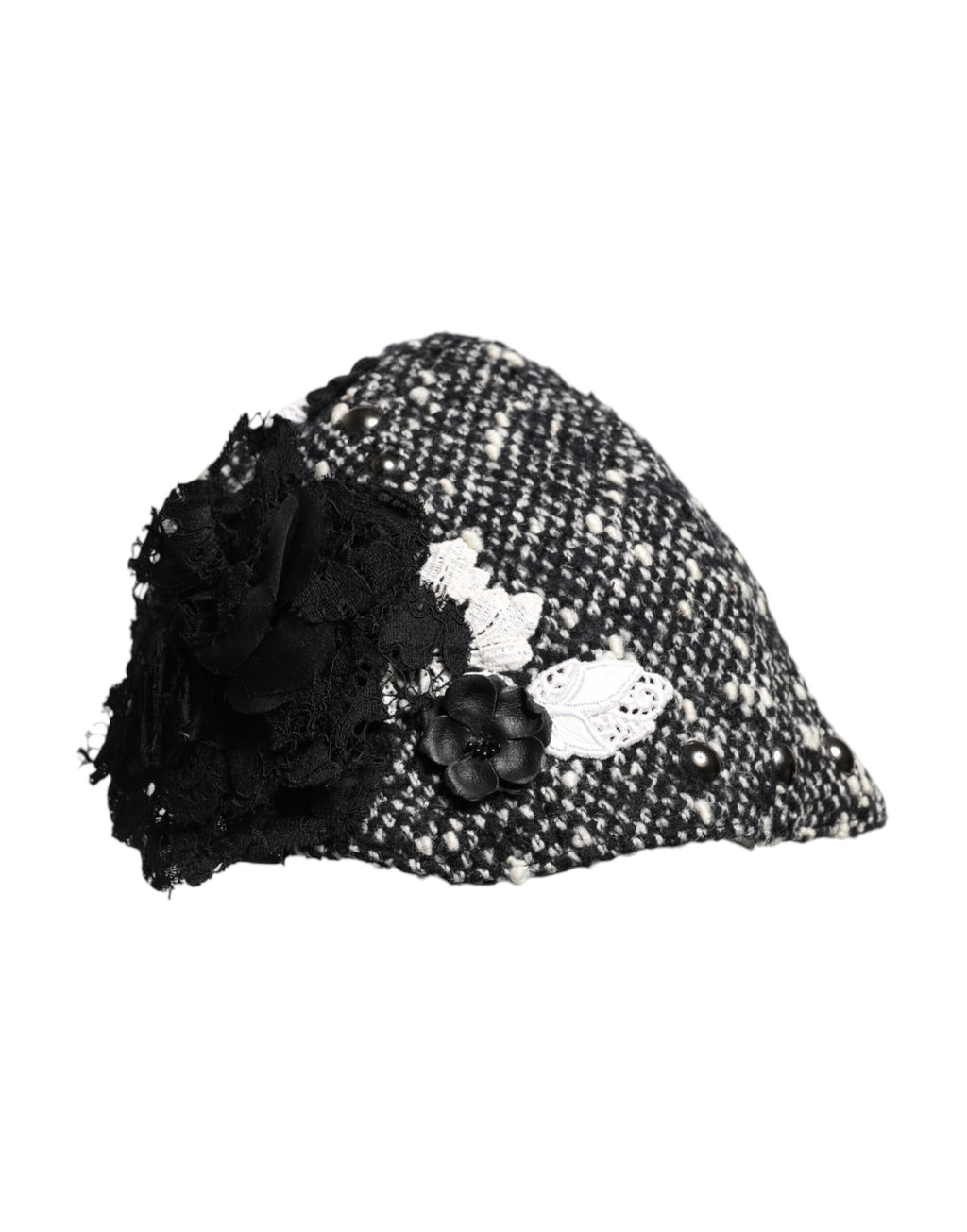 Black Wool White Floral Embellished Cloche Hat