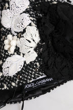 Black Wool White Floral Embellished Cloche Hat