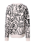 White Black Logo Print Women Pullover Sweater