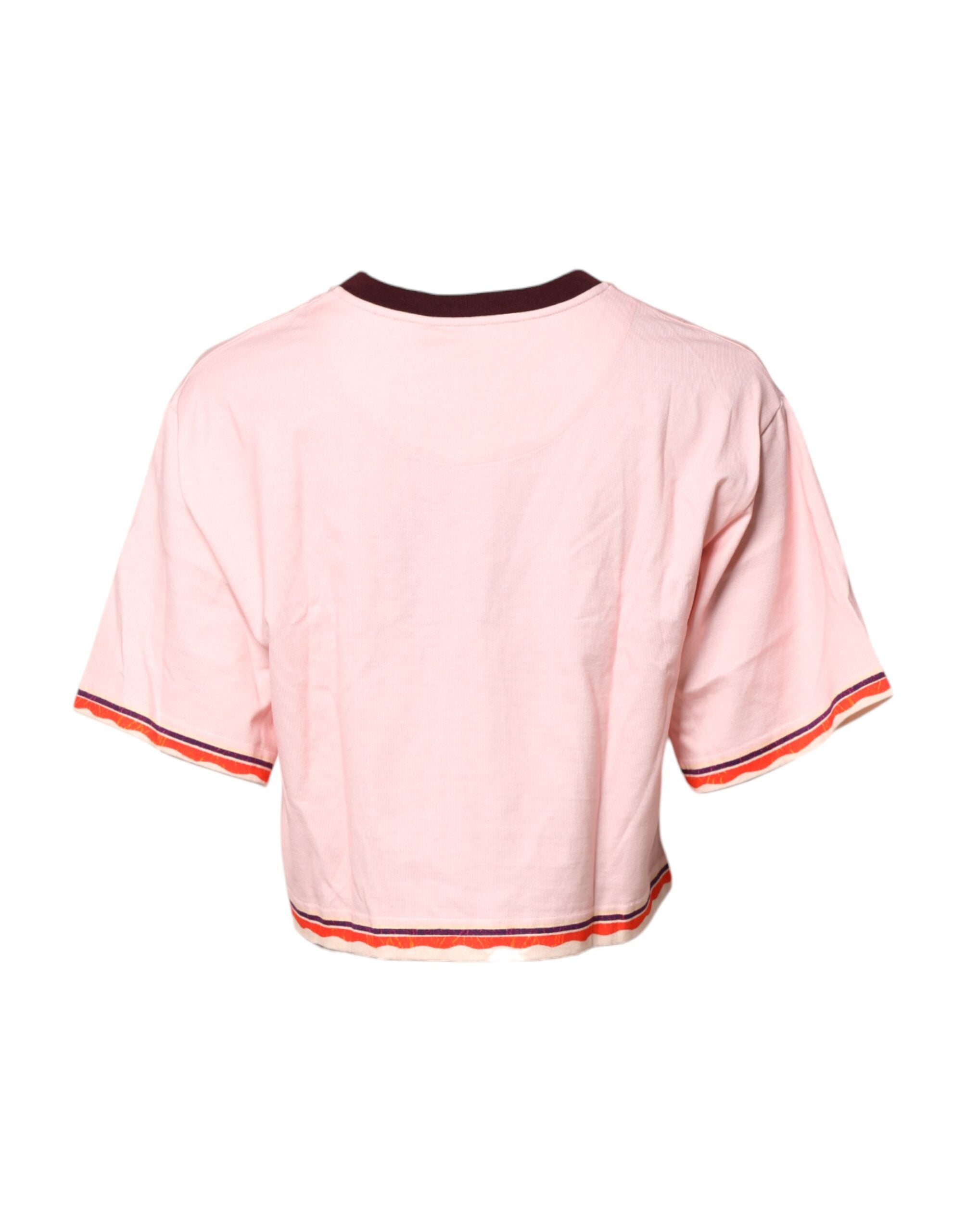 Pink Print Cotton Short Sleeves Cropped Top