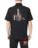 Black Printed Short Sleeves Collared Men Casual Shirt