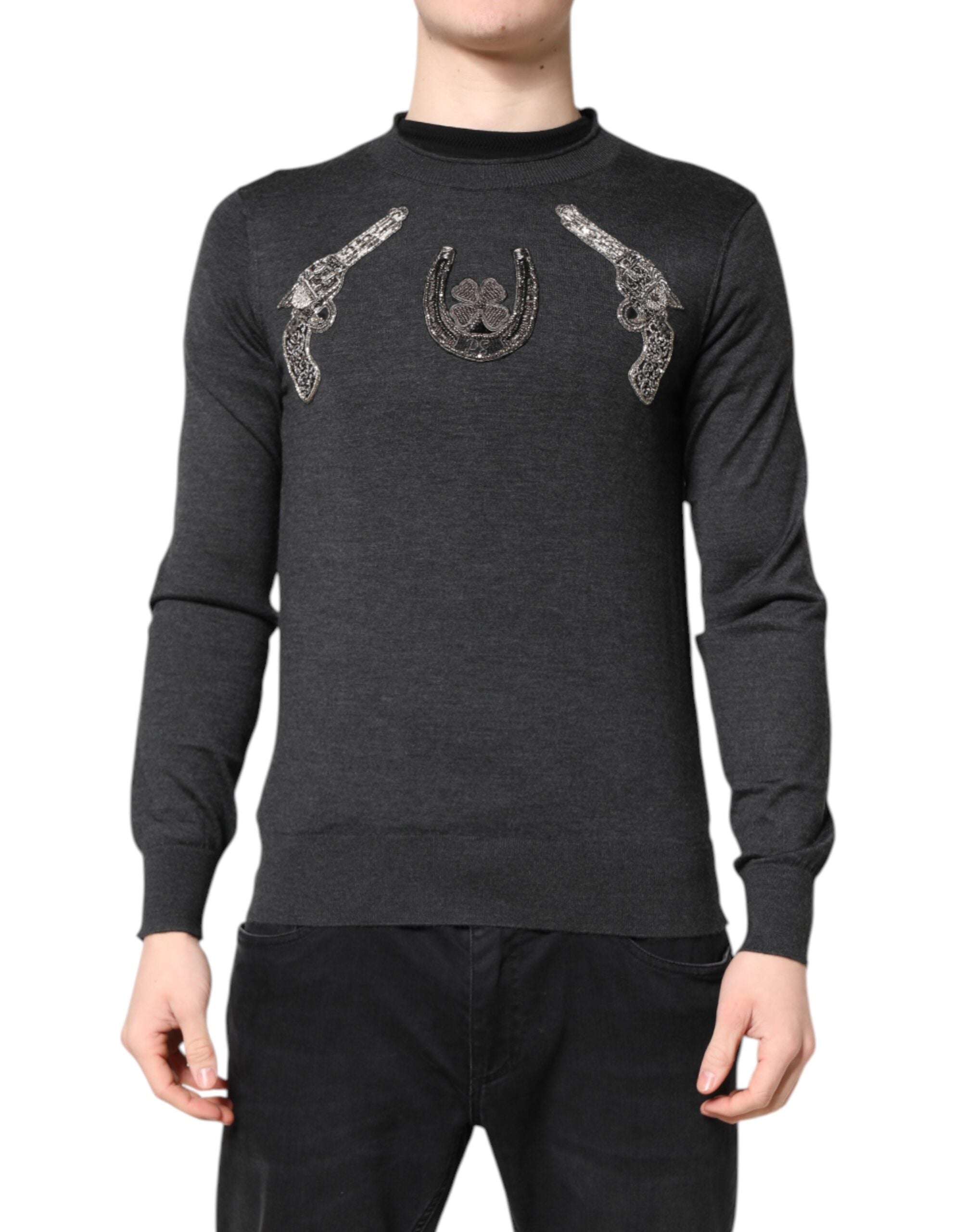 Gray Embroidery Knit Men Pullover Sweater