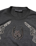 Gray Embroidery Knit Men Pullover Sweater