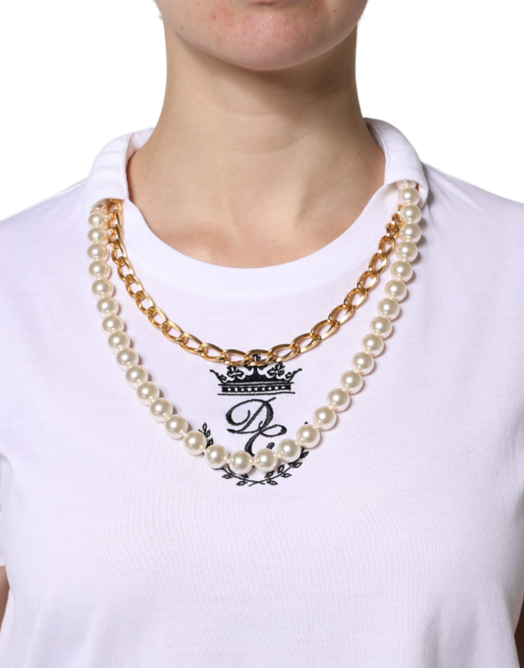 White Chain Pearl Cotton Round Neck T-shirt