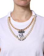 White Chain Pearl Cotton Round Neck T-shirt