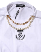 White Chain Pearl Cotton Round Neck T-shirt