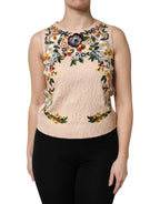Beige Floral Embroidery Sleeveless Tank Top