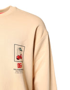 Beige Cherry Print Crew Neck Pullover Sweater