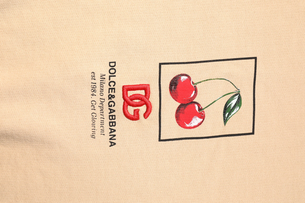 Beige Cherry Print Crew Neck Pullover Sweater