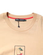 Beige Cotton Logo Print Crew Neck T-shirt