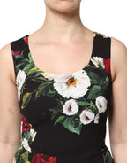 Black Floral Print Sleeveless Sheath Dress