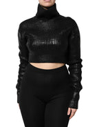 Black Wool Long Sleeve Turtleneck Cropped Top