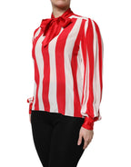 Red White Stripes Ascot Collar Blouse Top