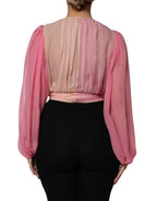 Pink Plunging V-neck Long Sleeves Blouse Top