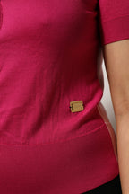 Pink Short Sleeves Buttoned Ascot Collar Top