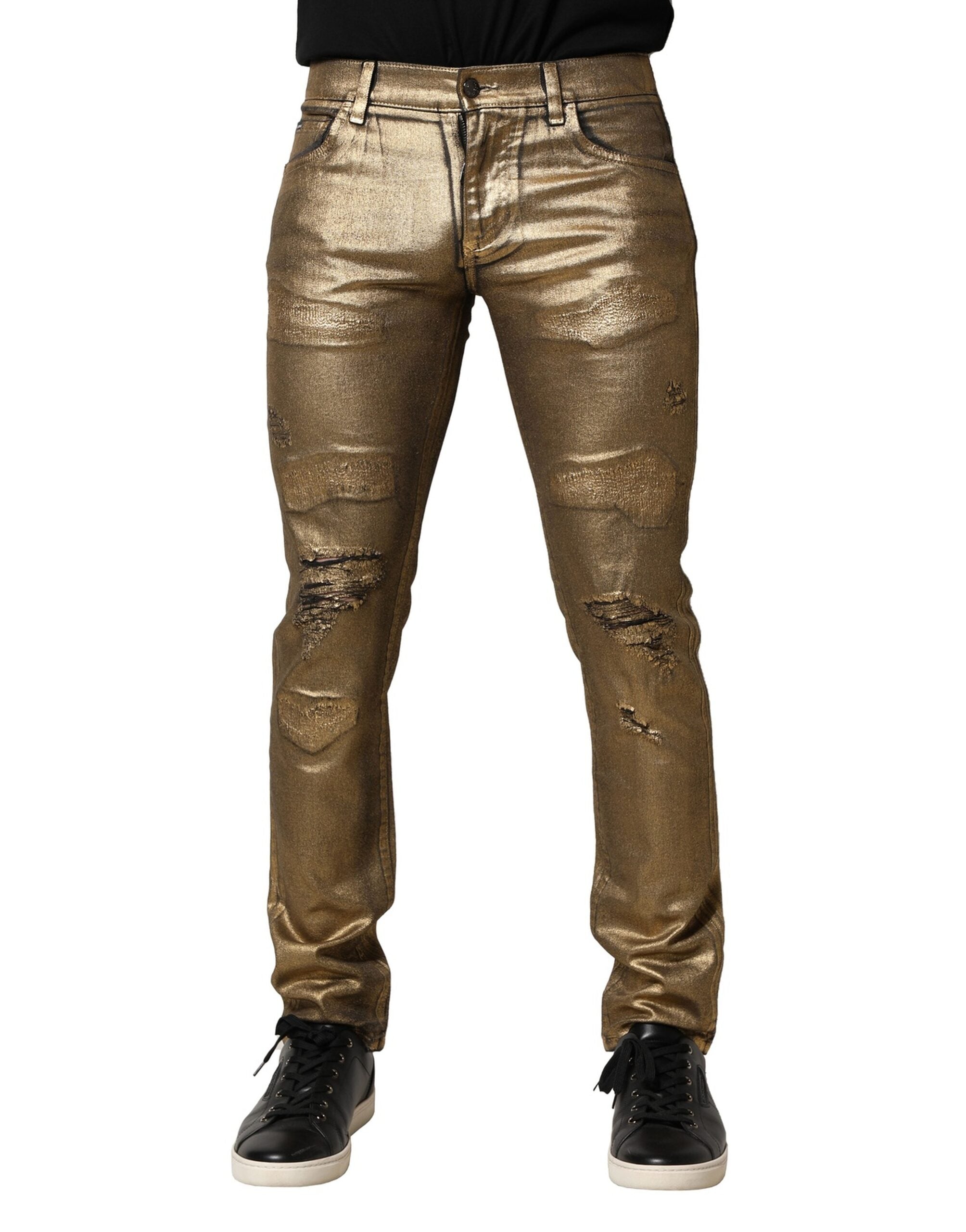 Gold Tattered Cotton Stretch Slim Denim Jeans