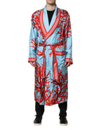 Blue Red Coral Print Wrap Robe Coat Jacket