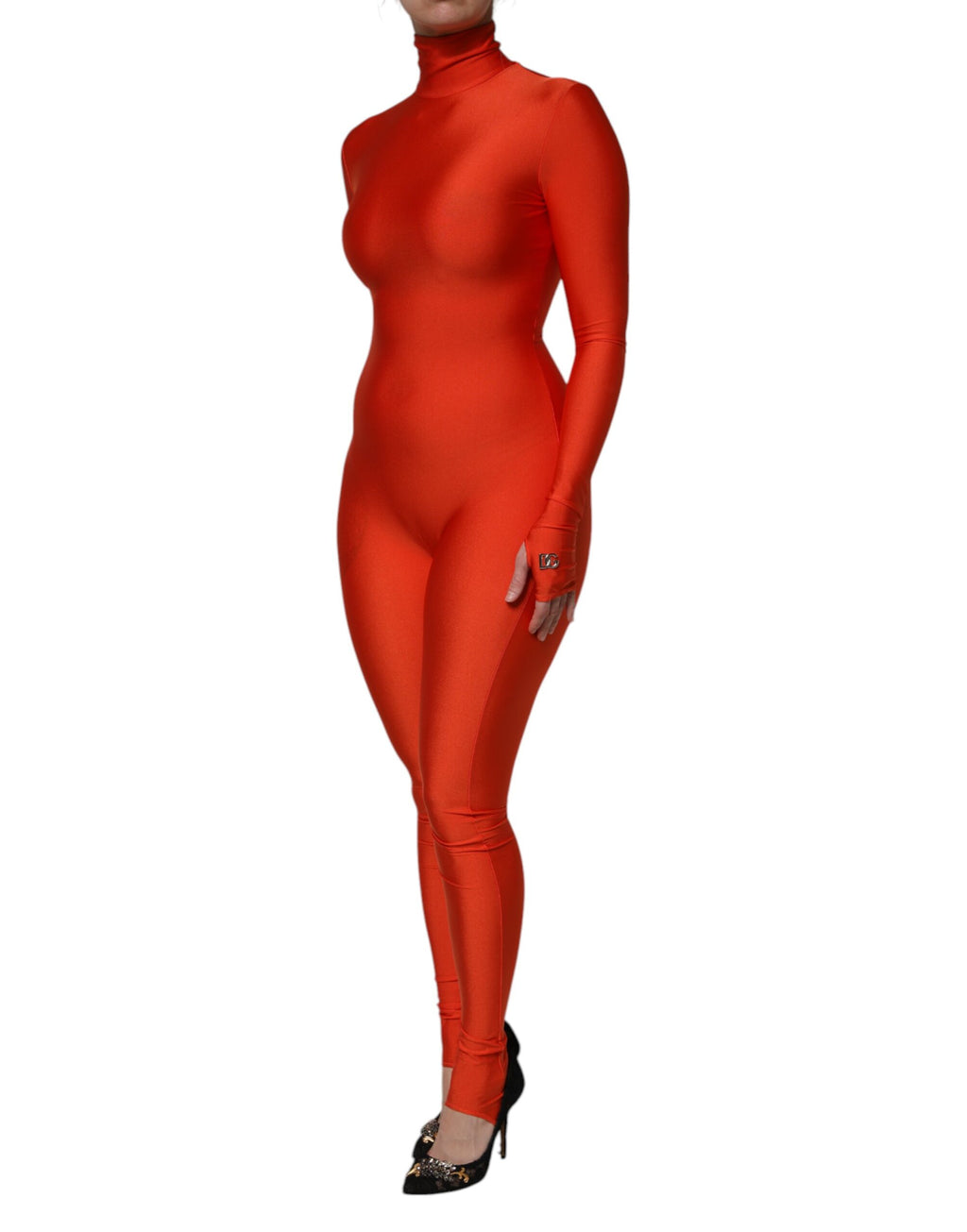 Red Nylon Turtleneck Bodycon Jumpsuit Dress