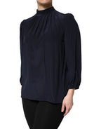 Blue Silk Mock Neck Long Sleeves Blouse Top