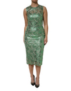 Green Cotton Floral Lace Sheath Midi Dress