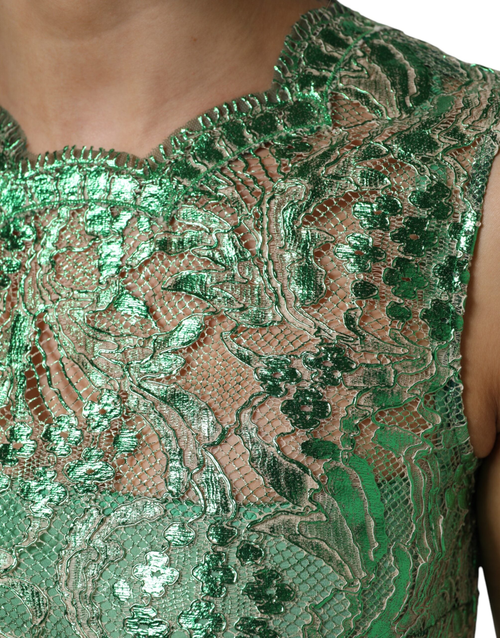 Green Cotton Floral Lace Sheath Midi Dress