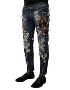 Blue Cotton Rhinestone Embellish Denim Jeans
