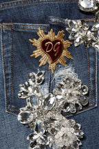 Blue Cotton Rhinestone Embellish Denim Jeans