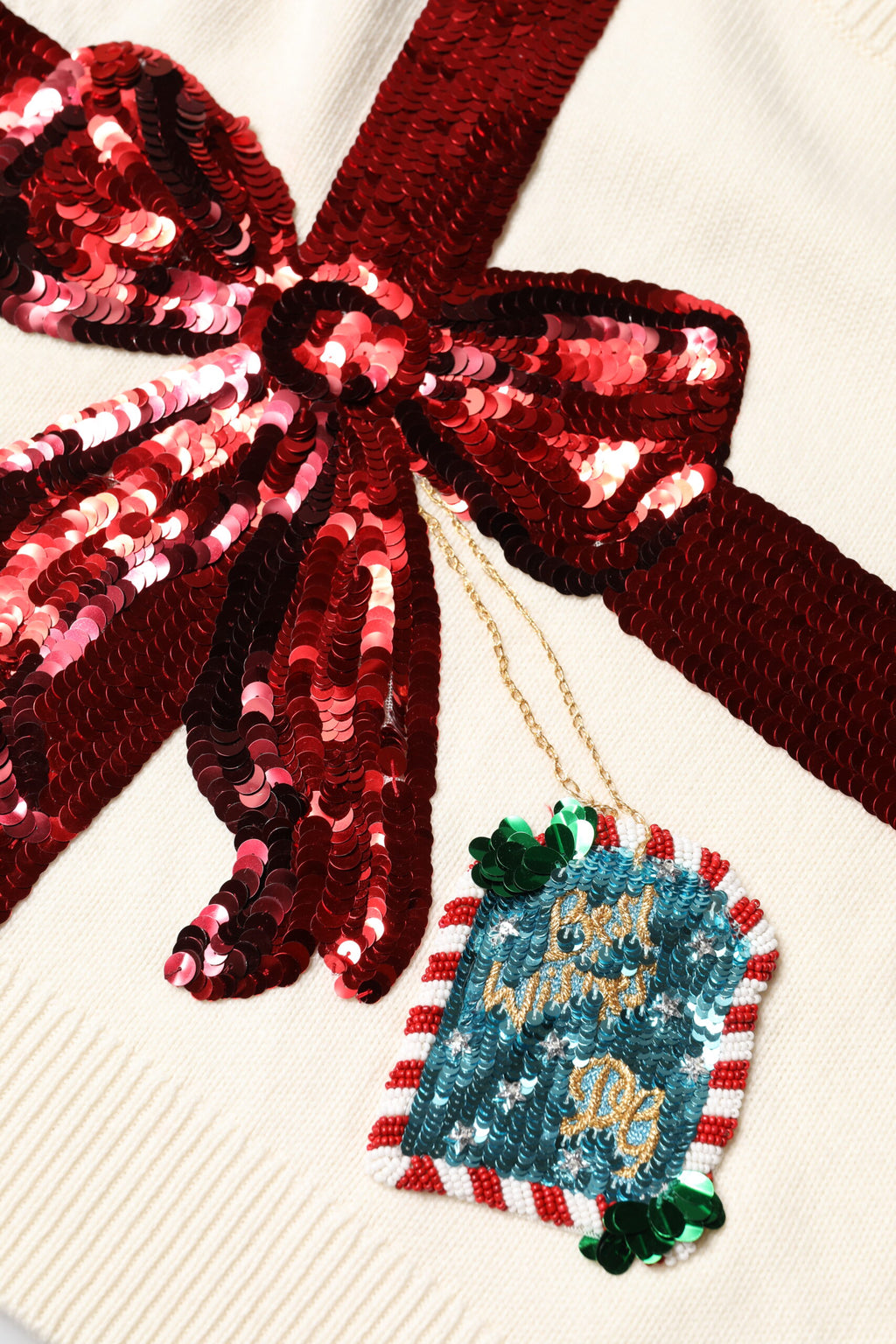 White Sequined Crew Neck Pullover Sweater