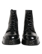 Black Leather Logo Ankle Boots Lace Up Shoes
