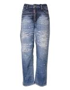 Blue Tattered Cotton Mid Waist Straight Denim Jeans