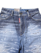 Blue Tattered Cotton Mid Waist Straight Denim Jeans