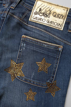Blue Cotton Mid Waist Wide Leg Denim Jeans