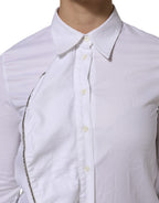 White Cotton Collared Long Sleeves Ruffle Top Shirt