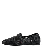 Black Woven Leather Slip On Loafers Men Shoes