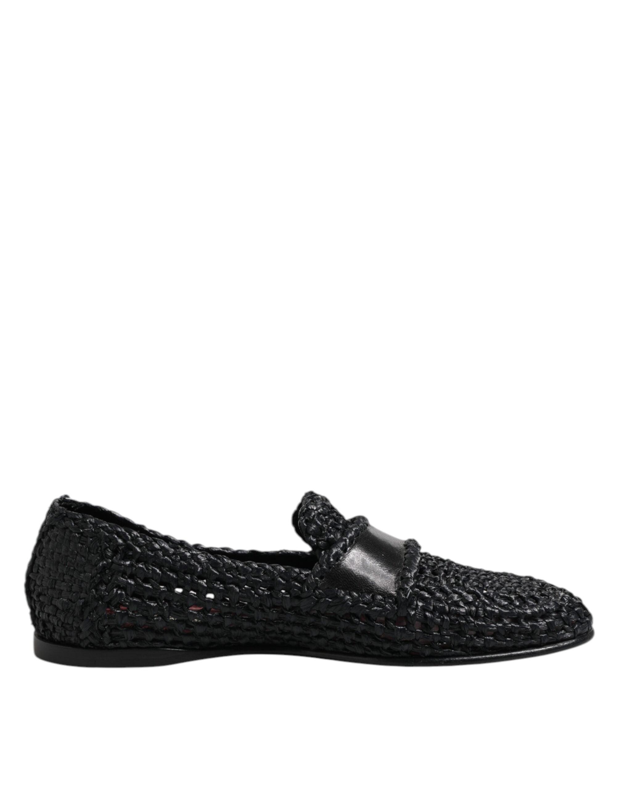 Black Woven Leather Slip On Loafers Men Shoes