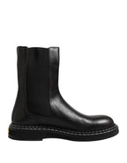 Black Leather Mid Calf Boots Flats Shoes