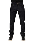 Dark Blue Cotton Logo Plaque Men Denim Jeans
